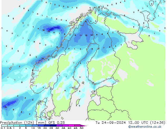 Precipitation (12h) GFS 0.25 Tu 24.09.2024 00 UTC