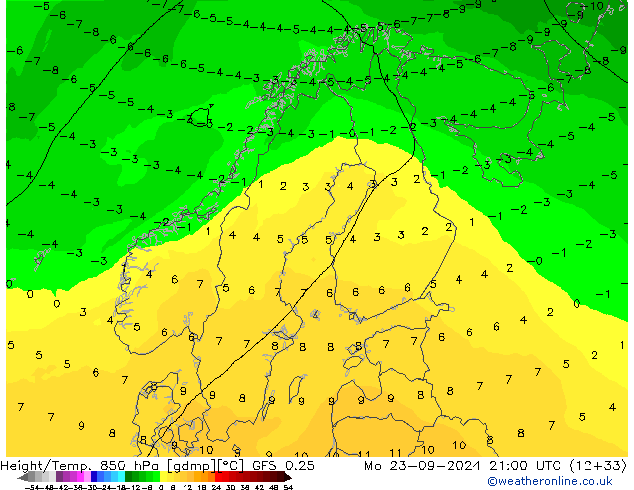 Height/Temp. 850 hPa GFS 0.25 Seg 23.09.2024 21 UTC