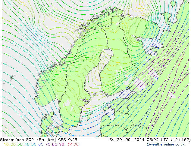 Stroomlijn 500 hPa GFS 0.25 zo 29.09.2024 06 UTC