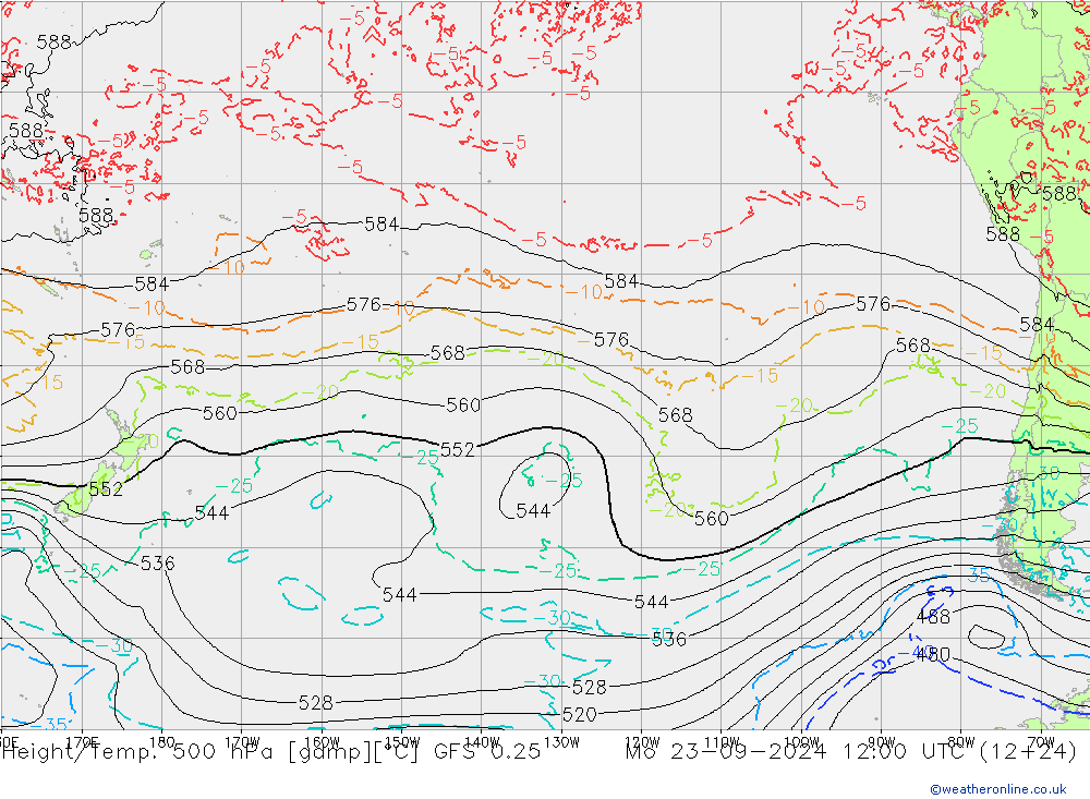 Z500/Rain (+SLP)/Z850 GFS 0.25 Po 23.09.2024 12 UTC