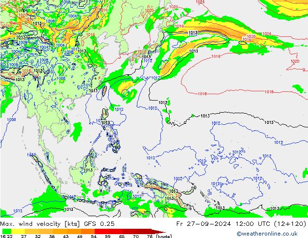 Max. wind velocity GFS 0.25 Sex 27.09.2024 12 UTC