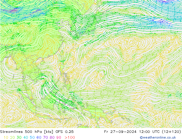 Stroomlijn 500 hPa GFS 0.25 vr 27.09.2024 12 UTC