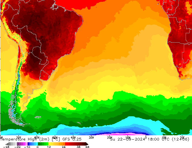 Nejvyšší teplota (2m) GFS 0.25 Ne 22.09.2024 18 UTC