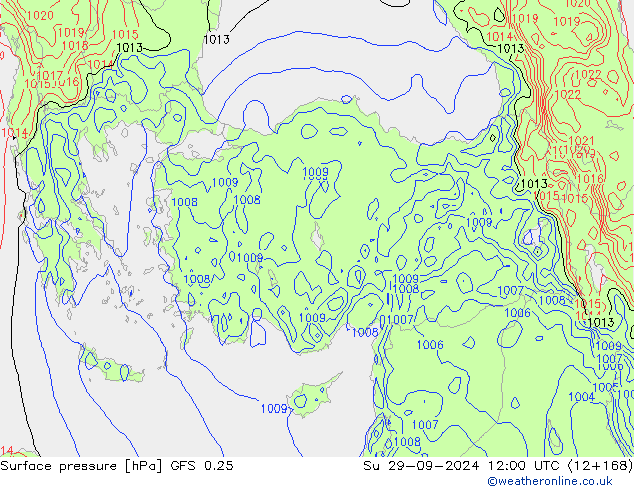 Luchtdruk (Grond) GFS 0.25 zo 29.09.2024 12 UTC