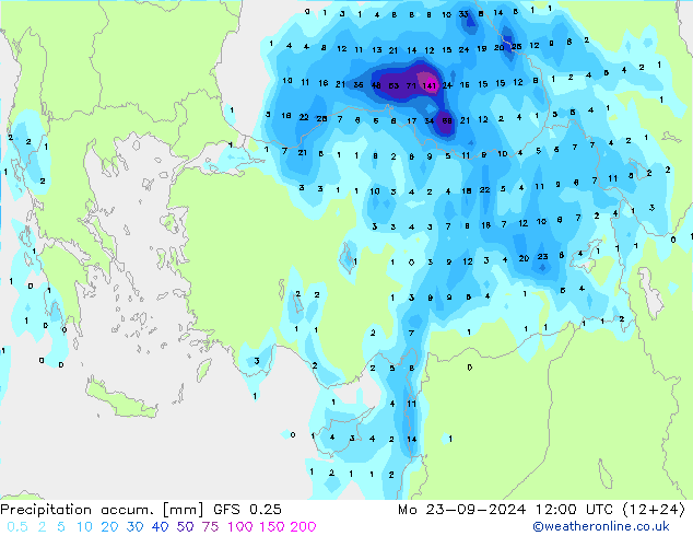 Precipitation accum. GFS 0.25 pon. 23.09.2024 12 UTC