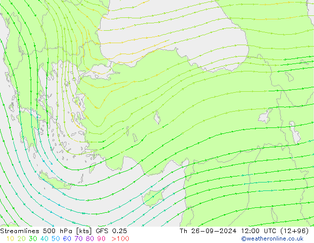 Streamlines 500 hPa GFS 0.25 Čt 26.09.2024 12 UTC