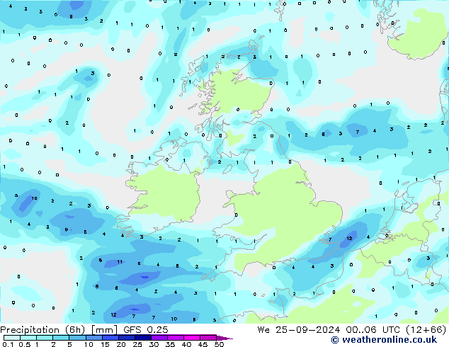 Z500/Rain (+SLP)/Z850 GFS 0.25 We 25.09.2024 06 UTC