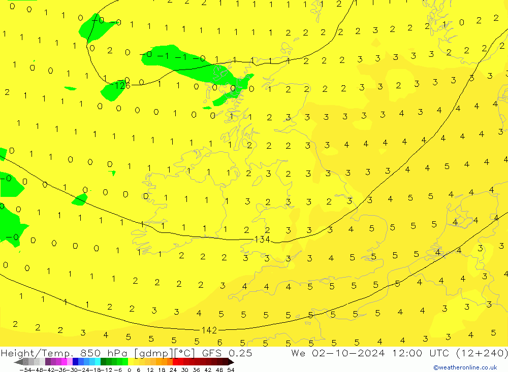 Height/Temp. 850 hPa GFS 0.25 Qua 02.10.2024 12 UTC