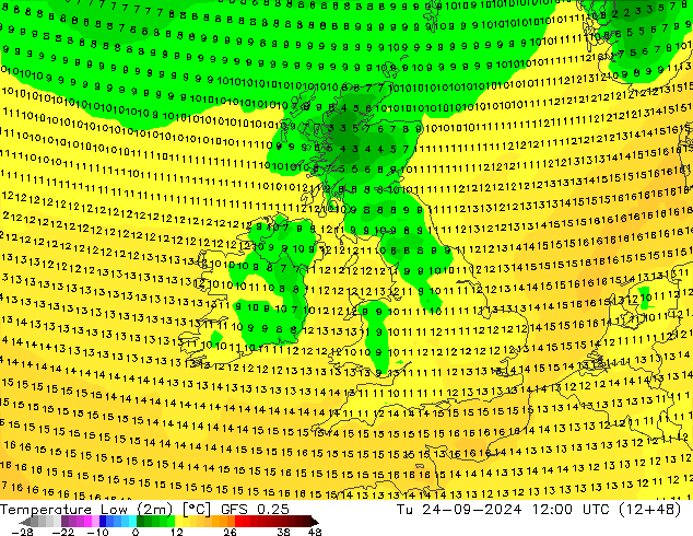 Temperature Low (2m) GFS 0.25 Tu 24.09.2024 12 UTC