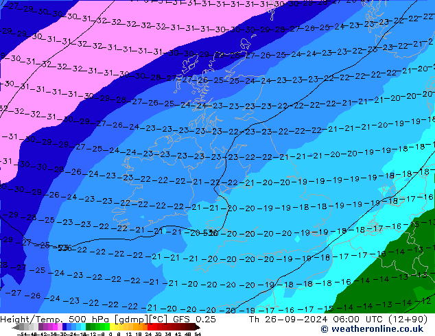 Z500/Rain (+SLP)/Z850 GFS 0.25 jeu 26.09.2024 06 UTC