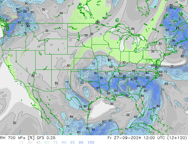 RH 700 hPa GFS 0.25 Pá 27.09.2024 12 UTC