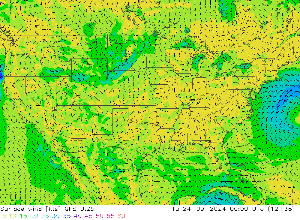 wiatr 10 m GFS 0.25 wto. 24.09.2024 00 UTC