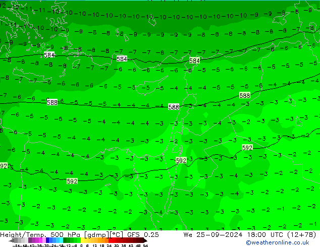 Z500/Rain (+SLP)/Z850 GFS 0.25 ср 25.09.2024 18 UTC