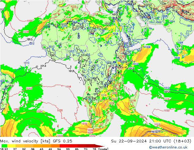 Max. wind velocity GFS 0.25 Вс 22.09.2024 21 UTC