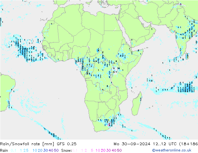 Rain/Snowfall rate GFS 0.25 lun 30.09.2024 12 UTC