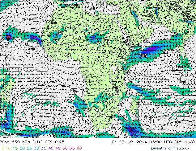 Rüzgar 850 hPa GFS 0.25 Cu 27.09.2024 06 UTC