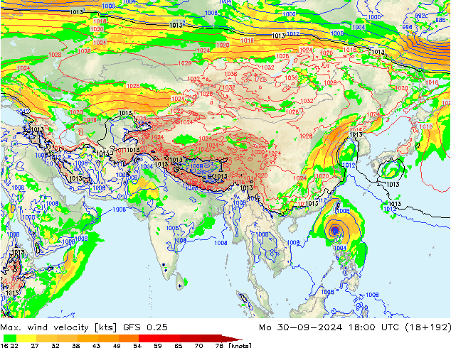 Max. wind velocity GFS 0.25 Mo 30.09.2024 18 UTC