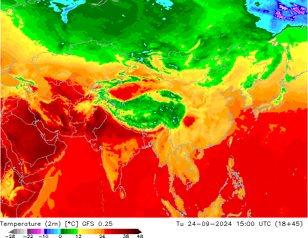 Temperaturkarte (2m) GFS 0.25 Di 24.09.2024 15 UTC