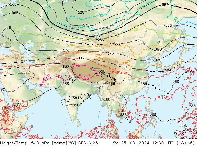 Z500/Rain (+SLP)/Z850 GFS 0.25 Qua 25.09.2024 12 UTC