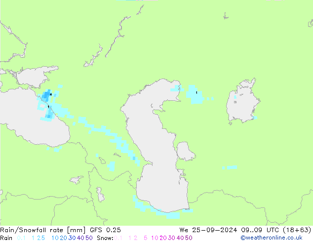 Rain/Snowfall rate GFS 0.25 Qua 25.09.2024 09 UTC