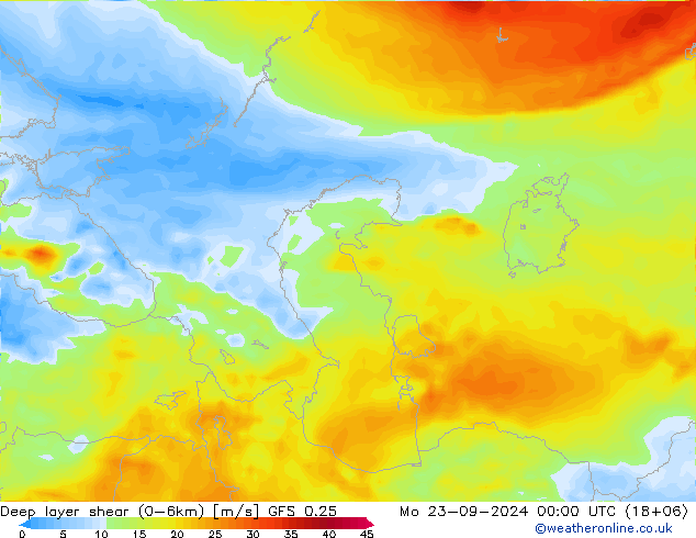 Deep layer shear (0-6km) GFS 0.25 Mo 23.09.2024 00 UTC