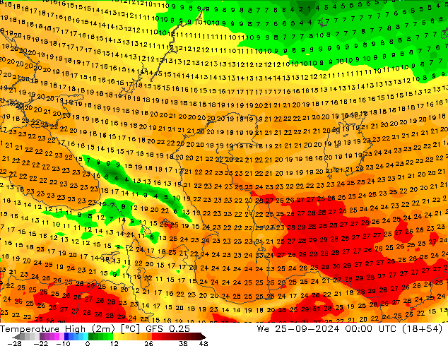 Max. Temperatura (2m) GFS 0.25 śro. 25.09.2024 00 UTC