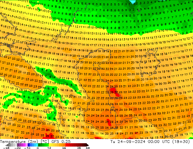 mapa temperatury (2m) GFS 0.25 wto. 24.09.2024 00 UTC