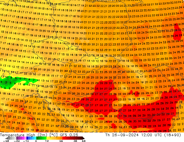 Temp. massima (2m) GFS 0.25 gio 26.09.2024 12 UTC