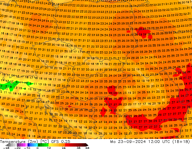 Temperature (2m) GFS 0.25 Mo 23.09.2024 12 UTC