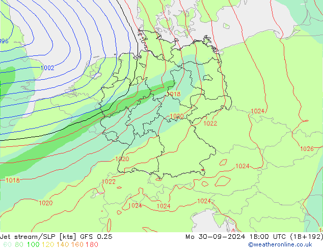 Jet stream GFS 0.25 Seg 30.09.2024 18 UTC