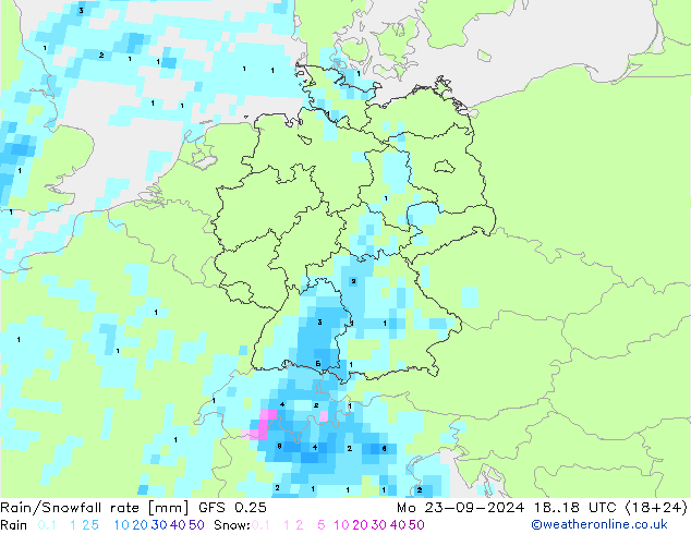 Rain/Snowfall rate GFS 0.25 Po 23.09.2024 18 UTC