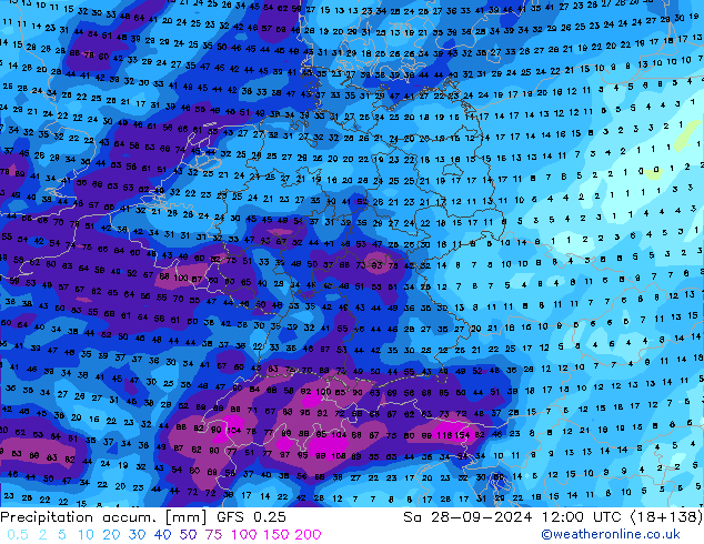 Precipitation accum. GFS 0.25 So 28.09.2024 12 UTC