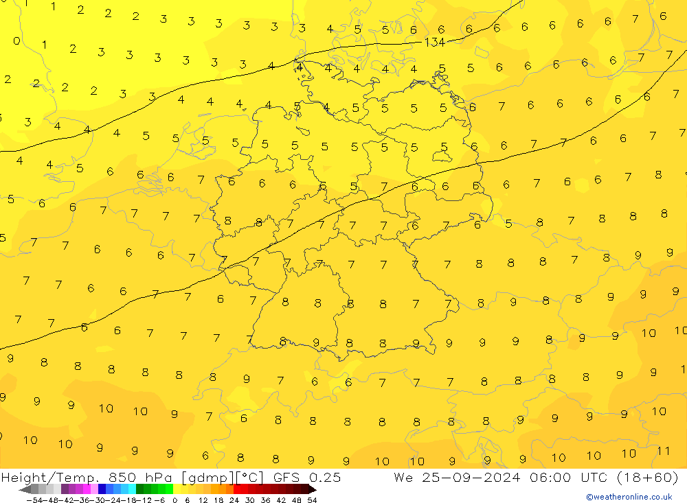 Z500/Rain (+SLP)/Z850 GFS 0.25 śro. 25.09.2024 06 UTC