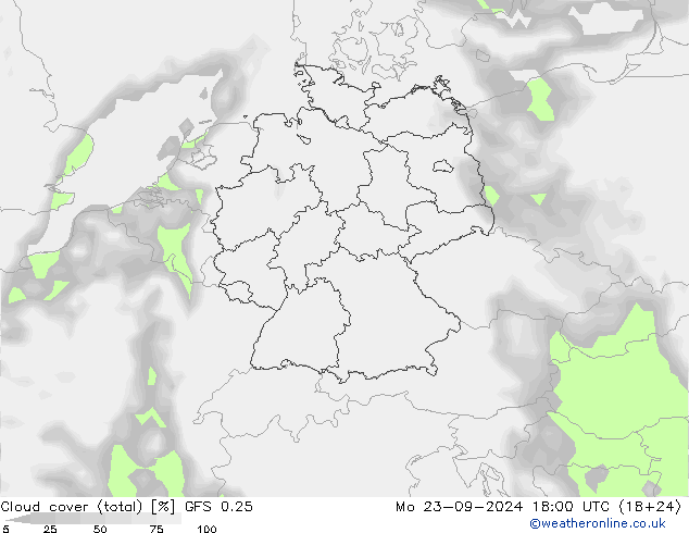 Cloud cover (total) GFS 0.25 Mo 23.09.2024 18 UTC