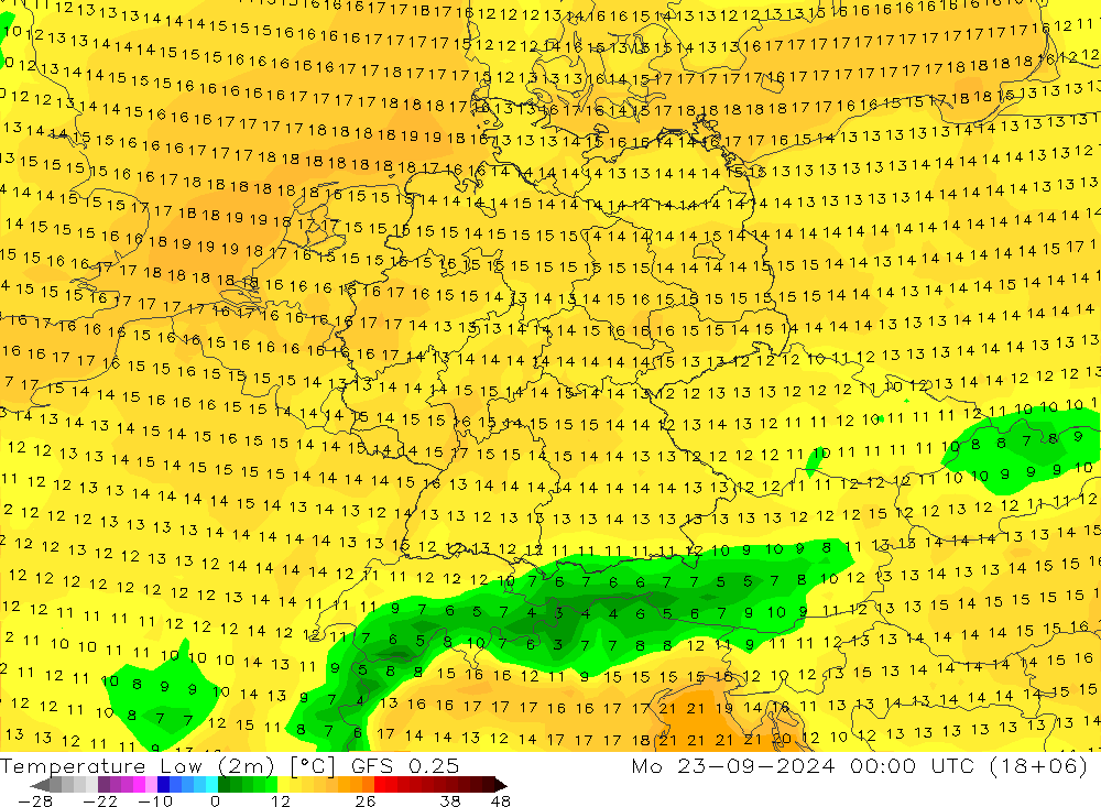 Temp. minima (2m) GFS 0.25 lun 23.09.2024 00 UTC