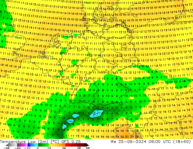 Min. Temperatura (2m) GFS 0.25 śro. 25.09.2024 06 UTC