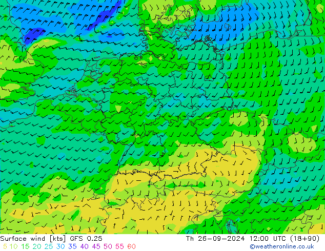 Surface wind GFS 0.25 Čt 26.09.2024 12 UTC