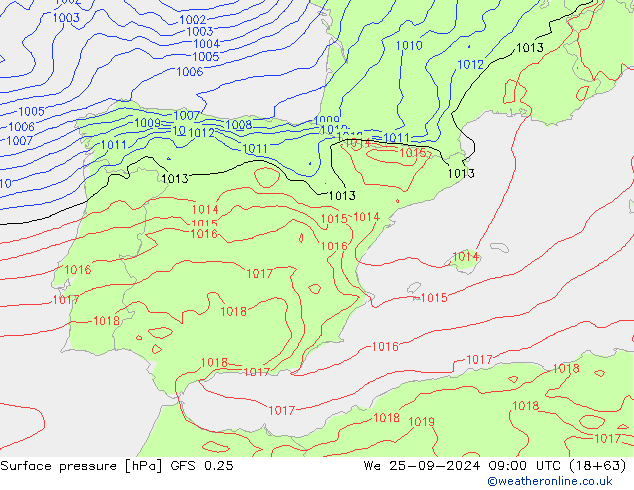 Atmosférický tlak GFS 0.25 St 25.09.2024 09 UTC