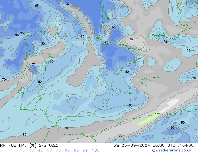 RH 700 hPa GFS 0.25 śro. 25.09.2024 06 UTC