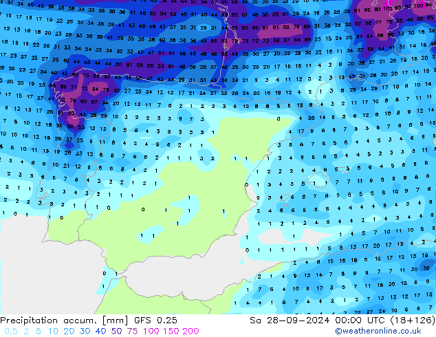 Precipitation accum. GFS 0.25 Sa 28.09.2024 00 UTC