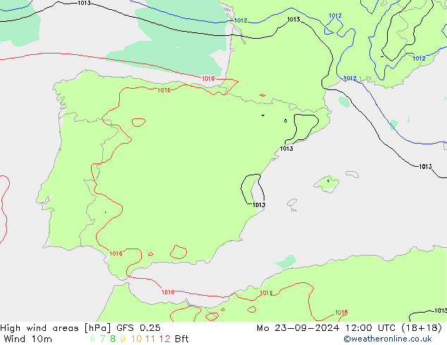 High wind areas GFS 0.25 пн 23.09.2024 12 UTC