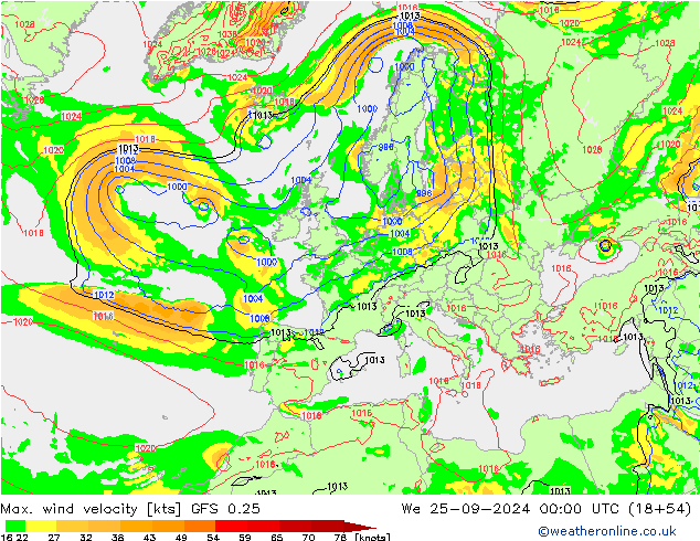 Max. wind velocity GFS 0.25 Qua 25.09.2024 00 UTC