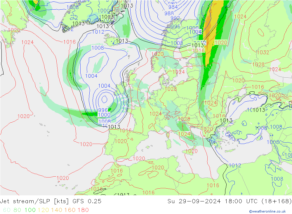 Jet stream/SLP GFS 0.25 Ne 29.09.2024 18 UTC