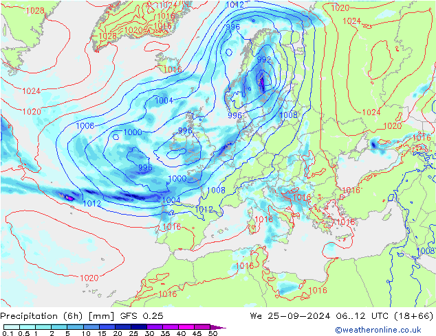 Z500/Rain (+SLP)/Z850 GFS 0.25 Mi 25.09.2024 12 UTC