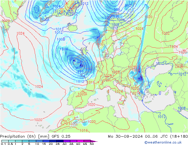 Z500/Rain (+SLP)/Z850 GFS 0.25 Mo 30.09.2024 06 UTC