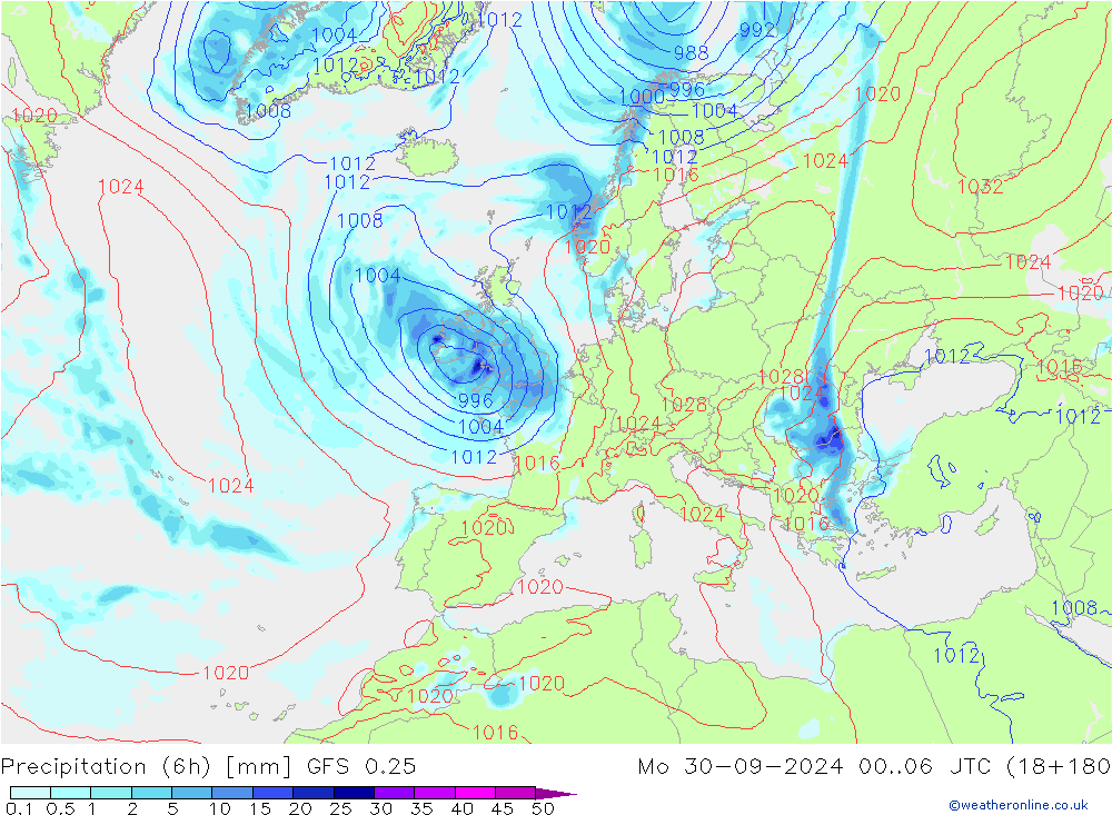 Z500/Rain (+SLP)/Z850 GFS 0.25 Mo 30.09.2024 06 UTC