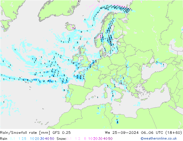 Regen/Schneefallrate GFS 0.25 Mi 25.09.2024 06 UTC