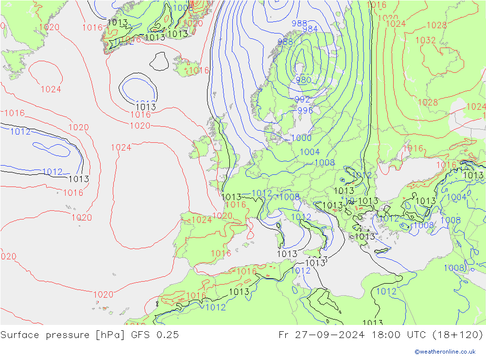 Surface pressure GFS 0.25 Fr 27.09.2024 18 UTC