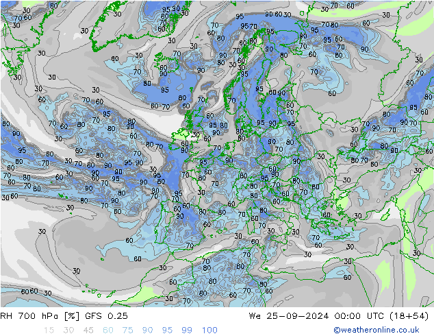 RH 700 hPa GFS 0.25 Mi 25.09.2024 00 UTC