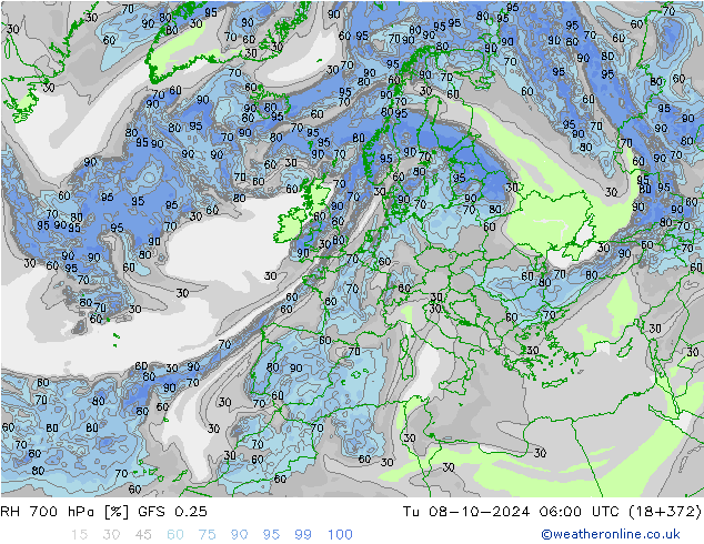 RH 700 hPa GFS 0.25 wto. 08.10.2024 06 UTC